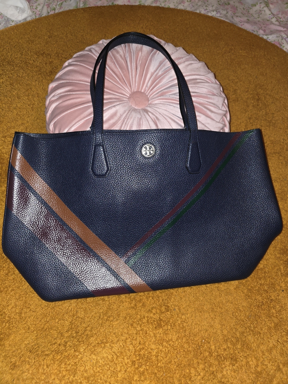 Tory Burch Perry Navy Pebbled Leather Multi-Stripe Tote Bag